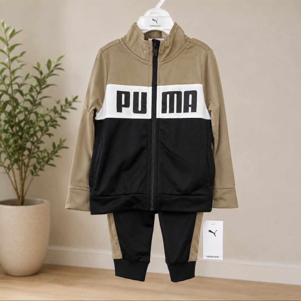 NWT Puma 2 Piece Track Suit Set 24 Months Tan Black Full Zip Athletic Outfit